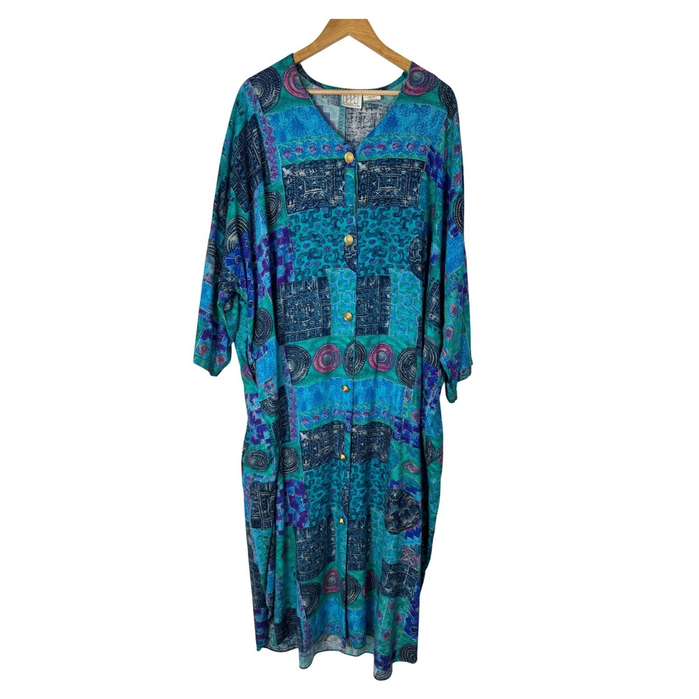 Artistic Vintage Appel‎ Robes Women Large Duster Dress Teal Blue Patchwork Gold